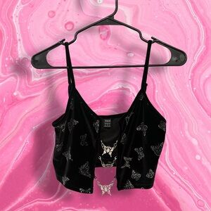 Y2K Black Butterfly Chain Front Crop Top